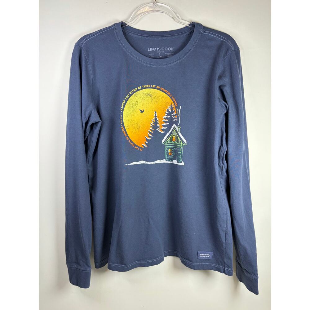 Life is Good Long Sleeve Navy Crusher Tee Women's Large In the Depth of Winter